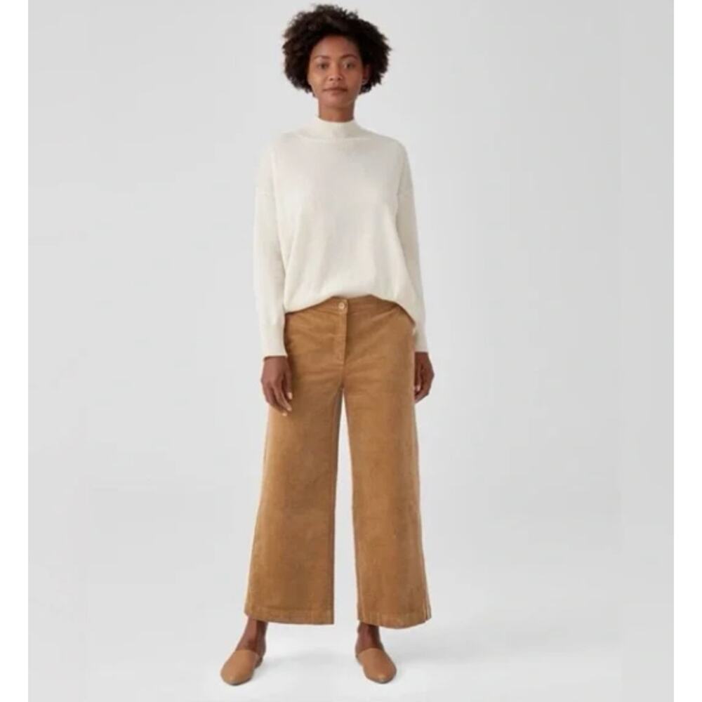 Eileen Fisher Wide Leg Cropped Pants Tan Corduroy Neutral Organic Cotton 14P